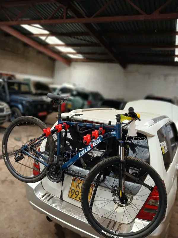 Bike carrier on a car's back door, holding a mountain bike with its straps