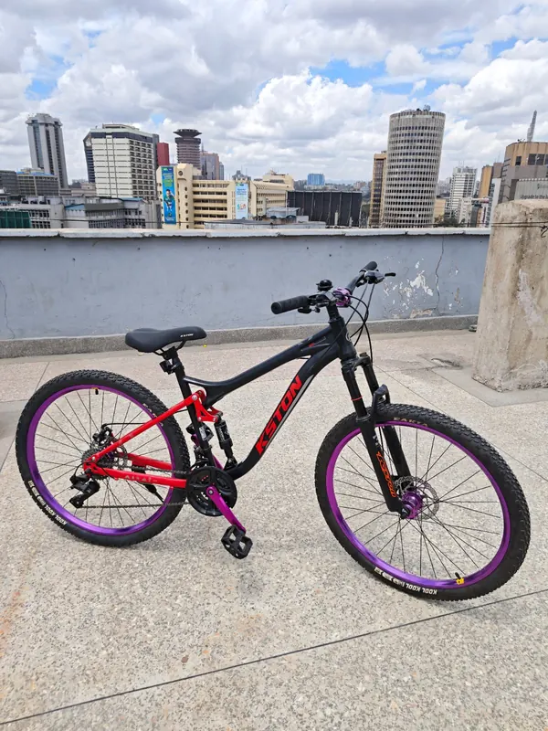 Kston mountain bike in black and red with purple rims, on a rooftop
