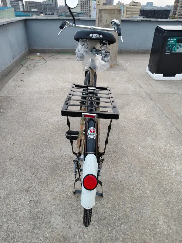 Back of the Neelam bicycle, showing the rear carrier and reflector