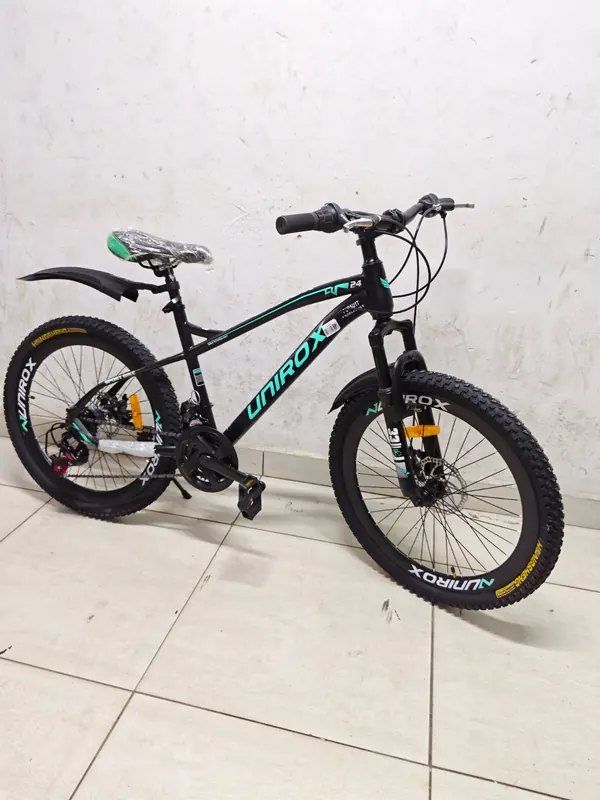 Unirox mountain bike in black and teal, seen from the front