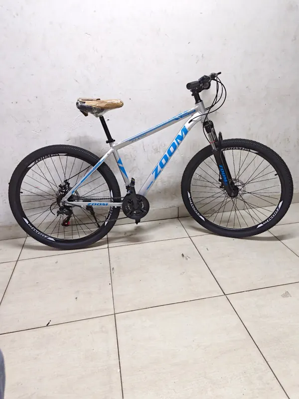 Zoom 29-inch mountain bike in silver and blue, from the side